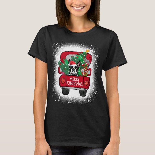 Camiseta Cute Boston Terrier Red Truck Feliz Natal Blea (Frente)