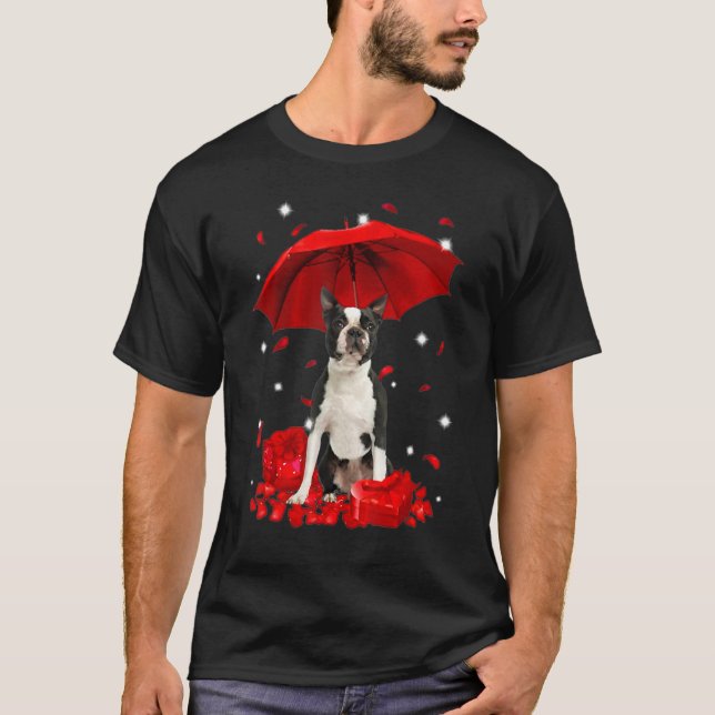Camiseta Cute Boston Terrier Valentine Hearts Umbrella Love (Frente)
