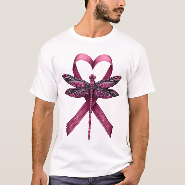 Camiseta Cute Breast Cancer Heart Dragonflies Awareness Wom (Frente)
