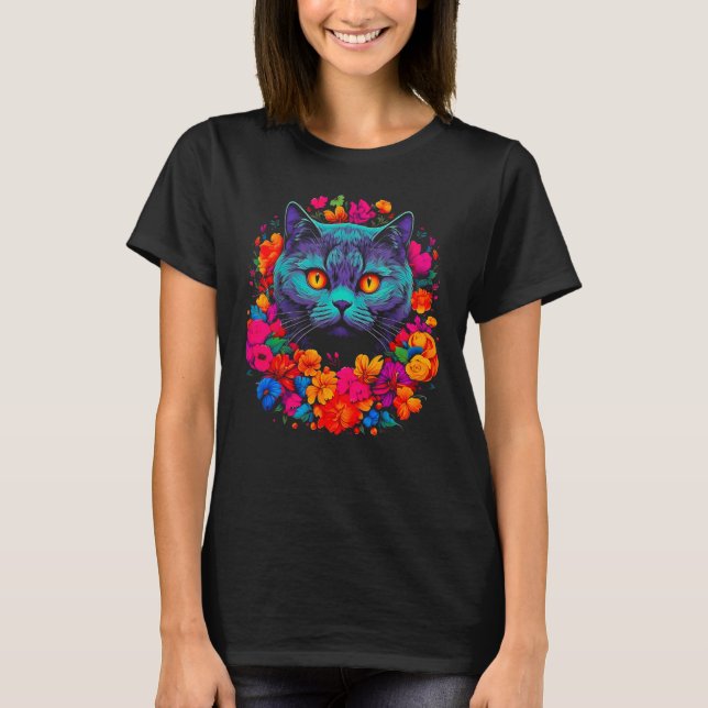 Camiseta Cute British Shorthair Cat Flowers (Frente)
