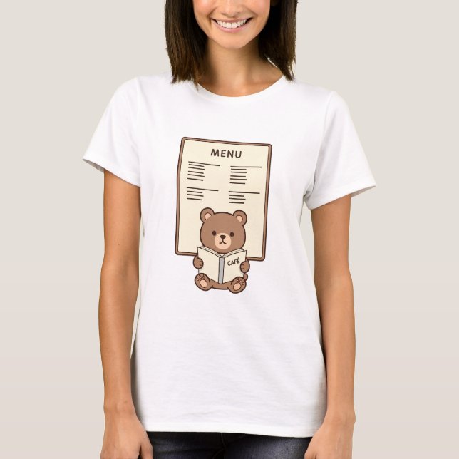 Camiseta Cute Brown Bear Reading Cafe Menu Illustration (Frente)