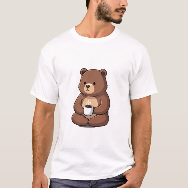 Camiseta Cute Brown Bear Sitting with a Steaming Coffee Mug (Frente)