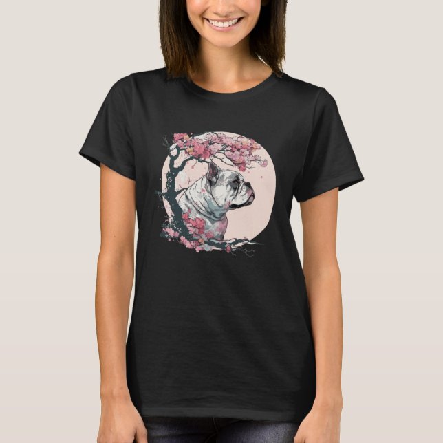 Camiseta Cute Bulldog Cherry Blossom Dog Breed Japanese Wat (Frente)