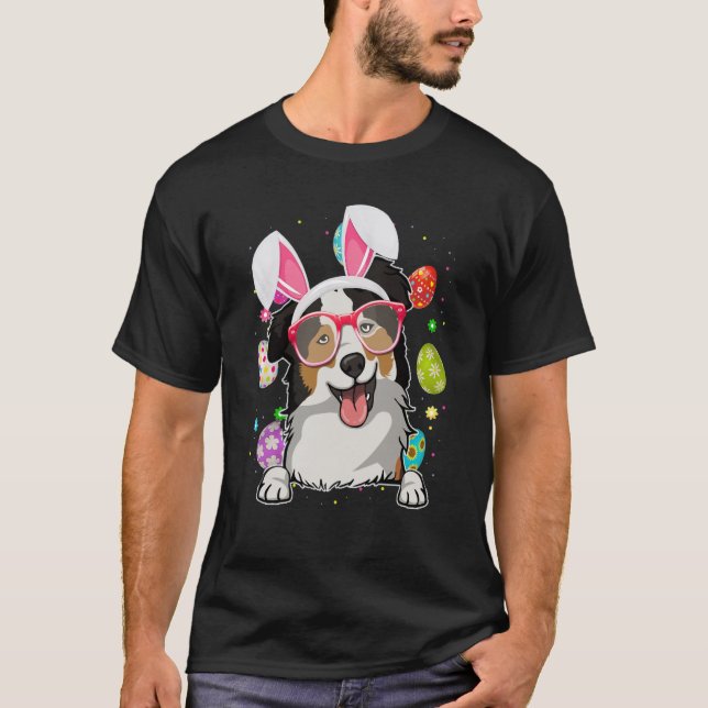 Camiseta Cute Bunny Australian Shepherd Dog Face Easter Egg (Frente)
