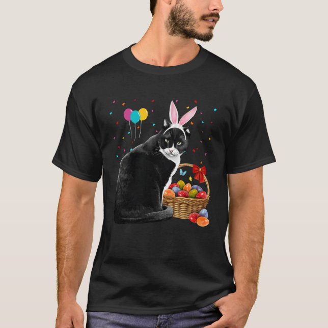 Camiseta Cute Bunny Cat With Easter Egg Basket Happy Easter (Frente)