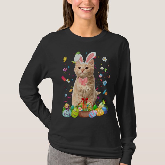 Camiseta Cute Bunny Cat With Easter Egg Basket Happy Easter (Frente)