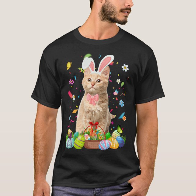 Camiseta Cute Bunny Cat With Easter Egg Basket Happy Easter (Frente)