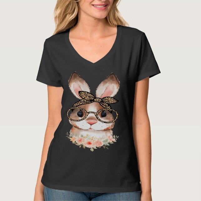 Camiseta Cute Bunny Face Floral  Leopard Print Glasses EAST (Frente)