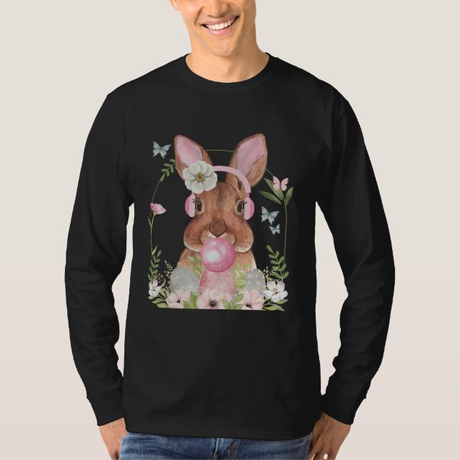 Camiseta Cute Bunny Face With Bubblegum And Headphones East (Frente)