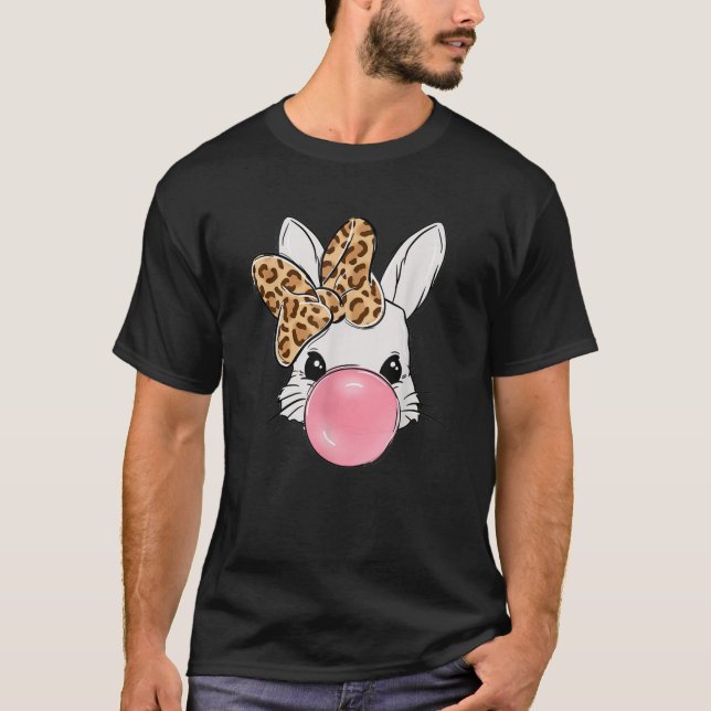 Camiseta Cute Bunny Face with Leopard Bow Bubblegum Easter  (Frente)