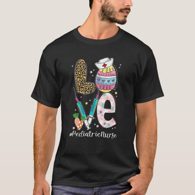 Camiseta Cute Bunny Love Pediatric Nurse Leopard Easter Egg (Frente)
