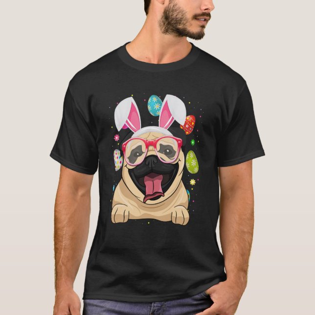 Camiseta Cute Bunny Pug Dog Face Easter Eggs Easter Day (Frente)