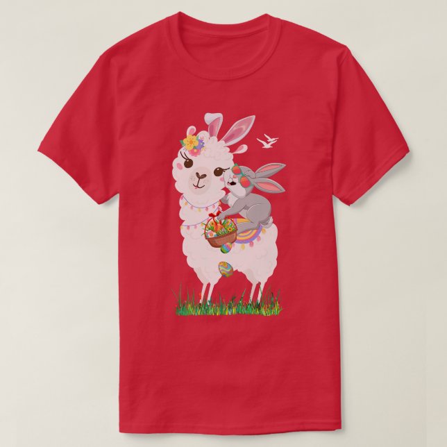 Camiseta Cute Bunny Riding Llama Holding Egg Basket Happy E (Frente do Design)