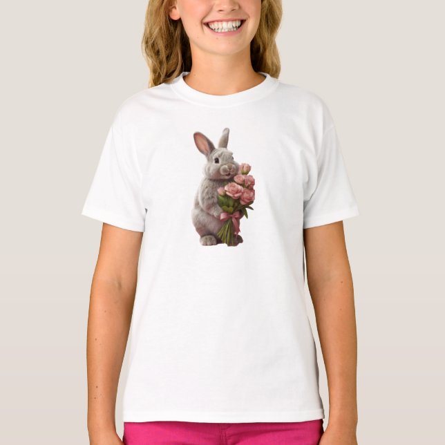 Camiseta  “Cute Bunny with Pink Roses” Adorable Art Design (Frente)