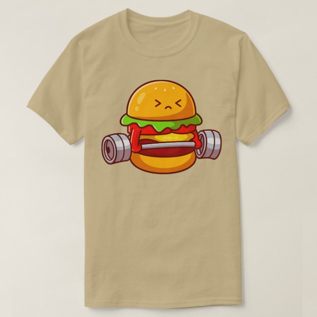 Camiseta Cute Burger Levantando Cartoon Dumbbell (Frente do Design)