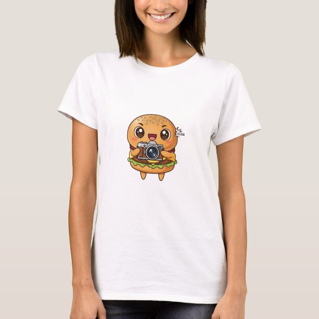 Camiseta Cute Burger Photographer Cartoon with Retro Camera (Frente)