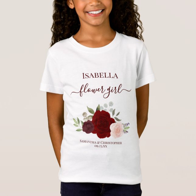 Camiseta Cute Burgundy & Red Roses Flower Girl Gift Wedding (Frente)