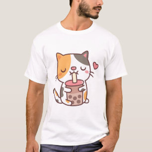 Camiseta Cute Calico Cat ama Bebendo Boba Tea