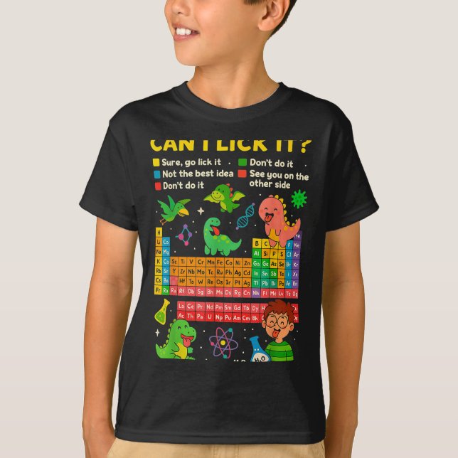 Camiseta Cute Can I Lick It Dino Periodic Table Science Hum (Frente)