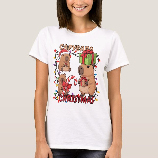Camiseta Cute Capybara Christmas Lights Festive Party (Frente)
