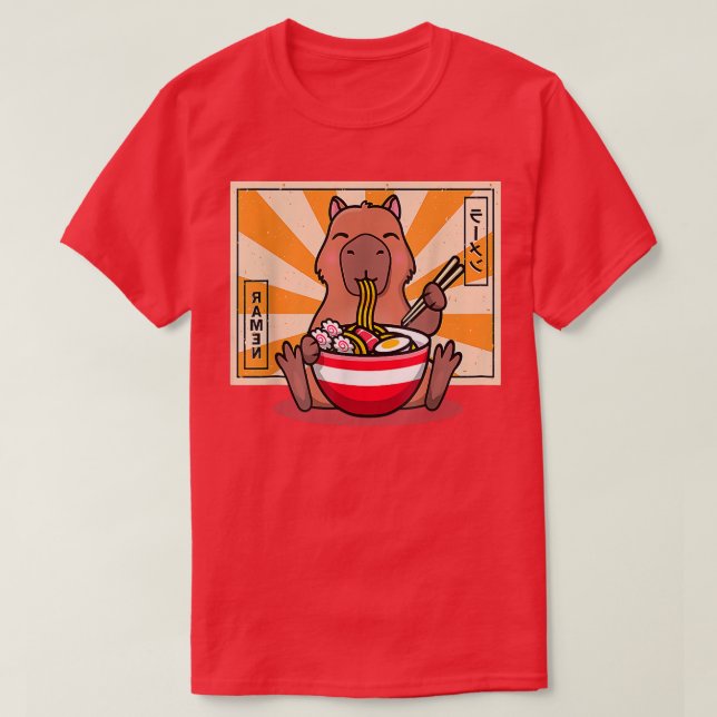 Camiseta Cute Capybara Comendo Ramen Engraçado Anime Animal (Frente do Design)