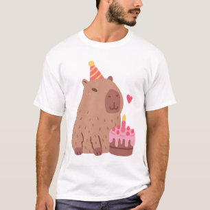 Camiseta Cute Capybara E Bolo De Aniversário