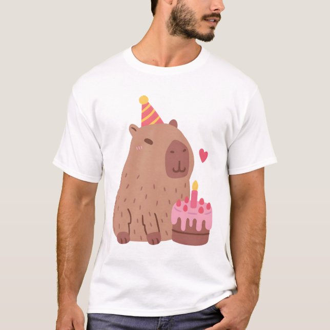 Camiseta Cute Capybara E Bolo De Aniversário (Frente)
