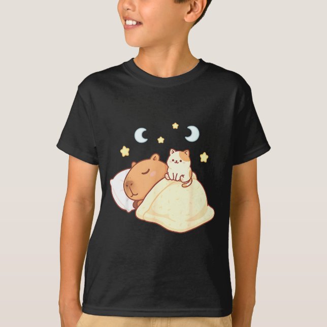 Camiseta Cute Capybara Kawaii Sleep Pajamas Sleepybara Cat  (Frente)