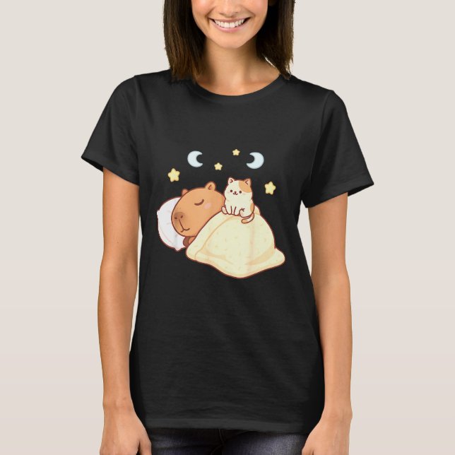 Camiseta Cute Capybara Kawaii Sleep Pajamas Sleepybara Cat  (Frente)