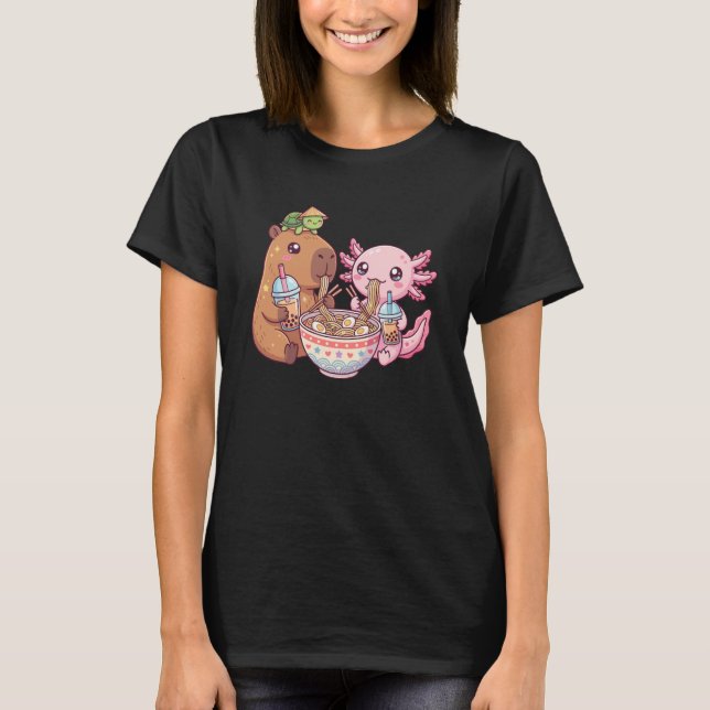 Camiseta Cute Capybara Pink Axolotl Ramen Turtle Bubble Tea (Frente)