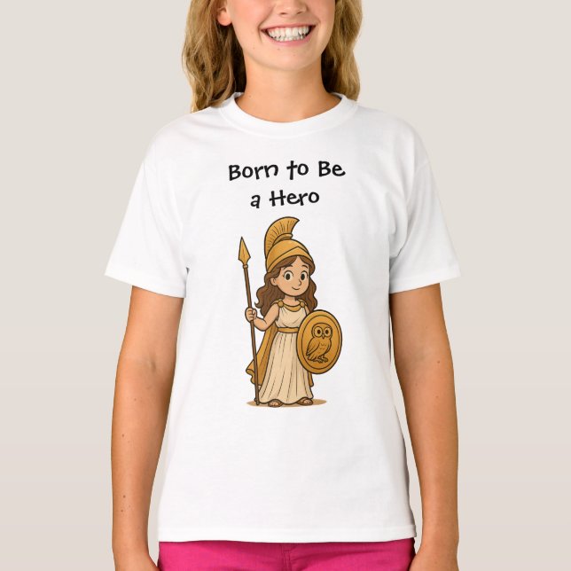 Camiseta Cute Cartoon Athena Goddess – Born to Be a Hero (Frente)