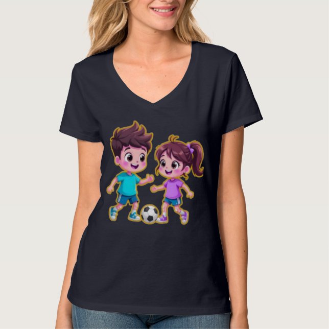 Camiseta Cute Cartoon Boy and Girl Playing Soccer Together  (Frente)