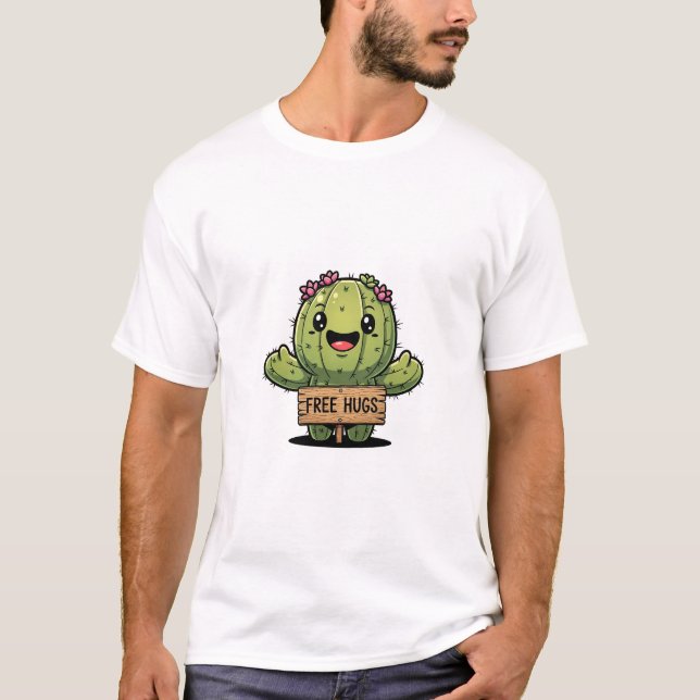 Camiseta Cute Cartoon Cactus Character Offering Free Hugs (Frente)