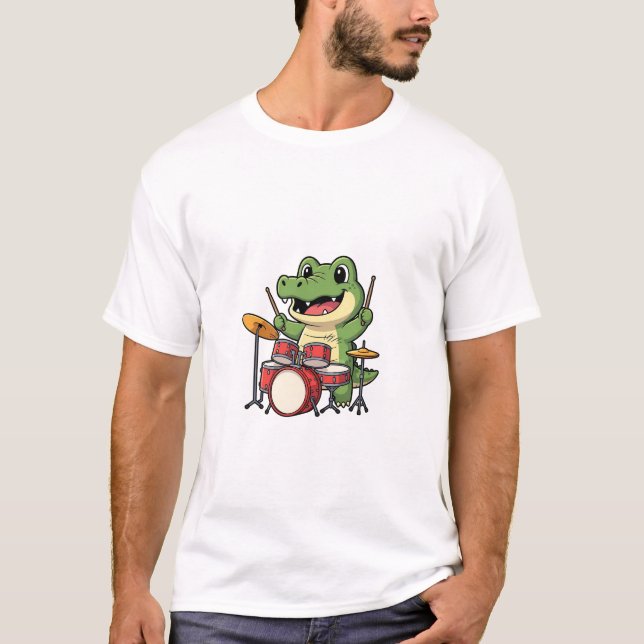 Camiseta Cute Cartoon Crocodile Drummer Mascot (Frente)