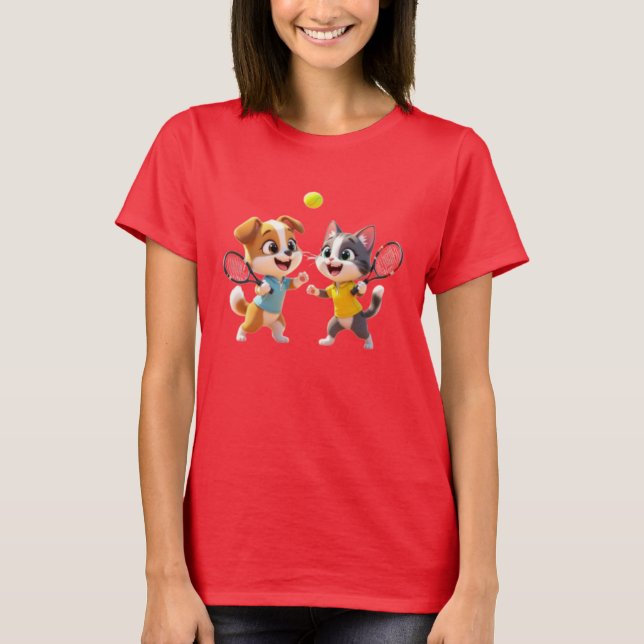Camiseta Cute Cartoon Dog and Cat Playing Padel Tennis – Fu (Frente)