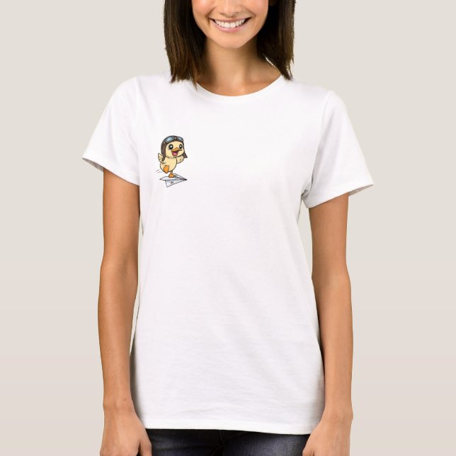 Camiseta Cute Cartoon Duck Pilot Flying on Paper Airplane (Frente)