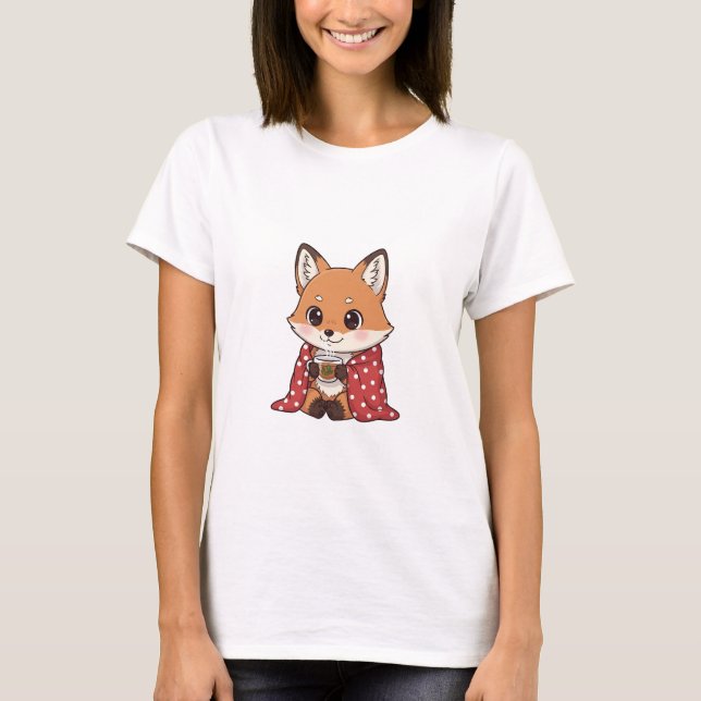 Camiseta Cute Cartoon Fox Wrapped in Red Polka Dot Blanket  (Frente)