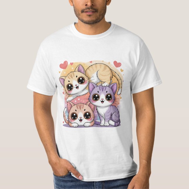 Camiseta Cute Cartoon Kitty Trio with Hearts (Frente)