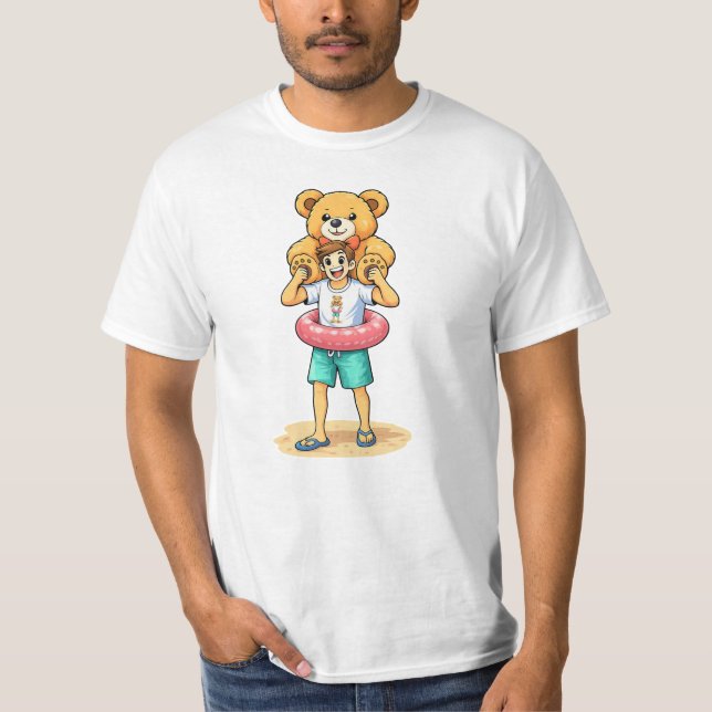 Camiseta Cute Cartoon Man with Giant Teddy Bear Summer Fun (Frente)