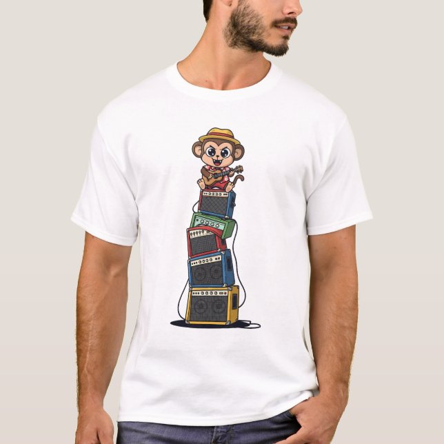 Camiseta Cute Cartoon Monkey Rocker Playing Ukulele (Frente)