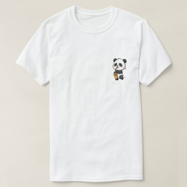 Camiseta Cute Cartoon Panda Playing Golden Saxophone (Frente do Design)