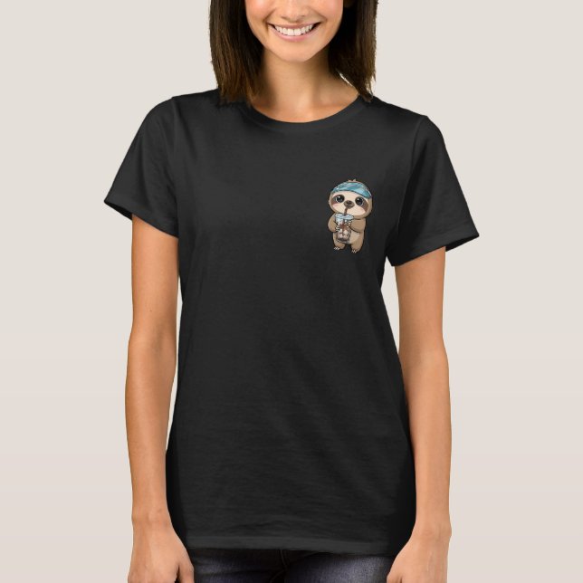 Camiseta Cute Cartoon Sloth Drinking Iced Coffee (Frente)
