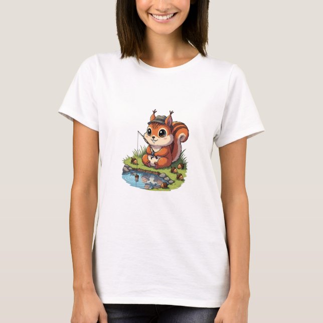 Camiseta Cute Cartoon Squirrel in Hat Fishing with Acorn (Frente)