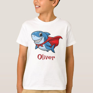 Camiseta Cute Cartoon Superhero Shark with Red Cape