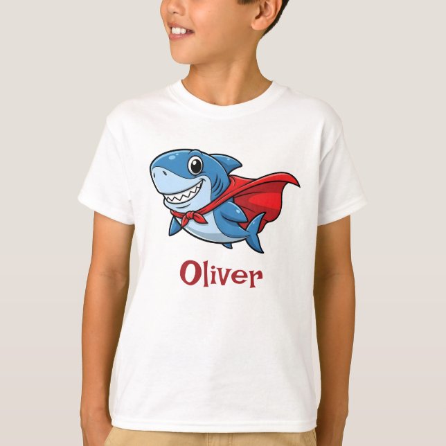 Camiseta Cute Cartoon Superhero Shark with Red Cape (Frente)