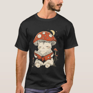 Camiseta Cute Casa de Campo Cogumelo Gato Lendo um Livro