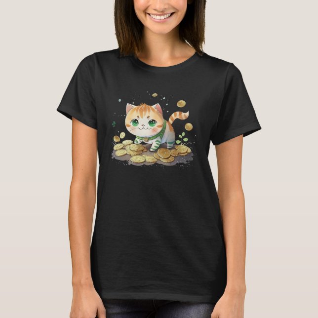 Camiseta Cute Cat and Gold Coins St Patrick s Day Cat   2 (Frente)