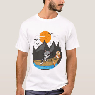 Camiseta Cute Cat And Owl Fishing Boat Nature Art