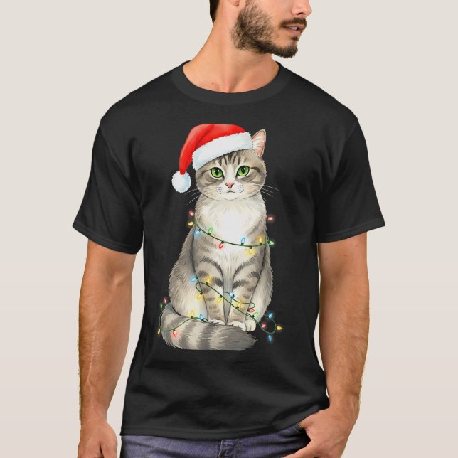 Camiseta Cute Cat Christmas Lights Santa Hat Snow Holiday A (Frente)