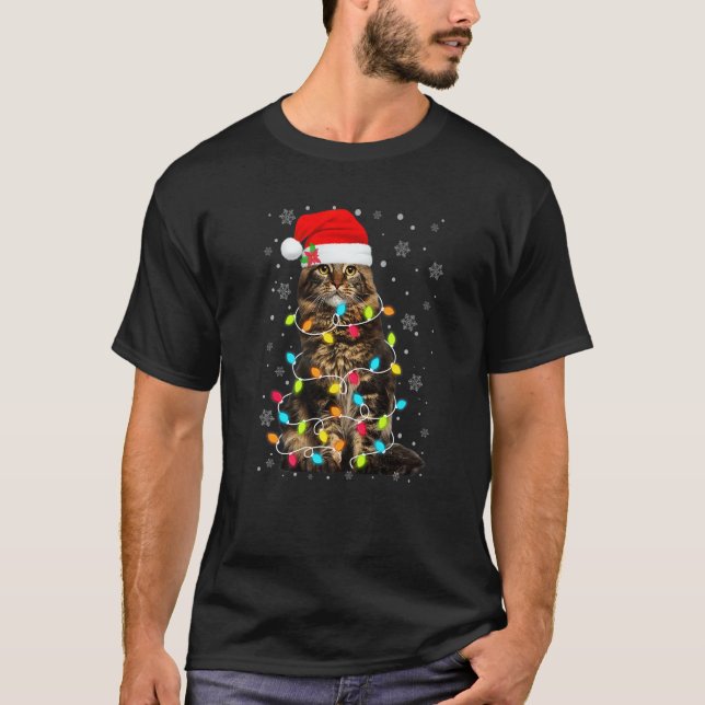 Camiseta Cute Cat Christmas Tree Lights Santa Cat  Ugly Xma (Frente)